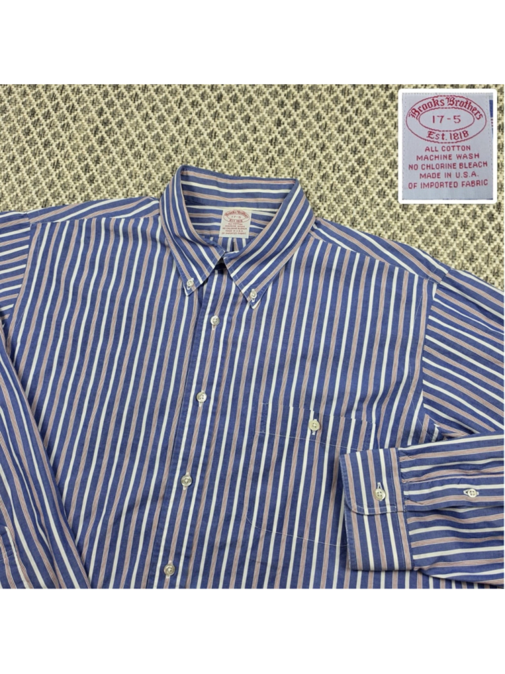 Vintage Brooks Brothers Blue White Stripe Button Down Shirt Mens 17-5 Made USA